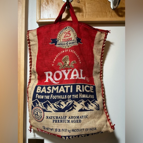 ROYAL BASMATI Empty Rice BURLAP Bag RED Handles & Zipper / Purse Tote Sack Craft - Picture 4 of 16